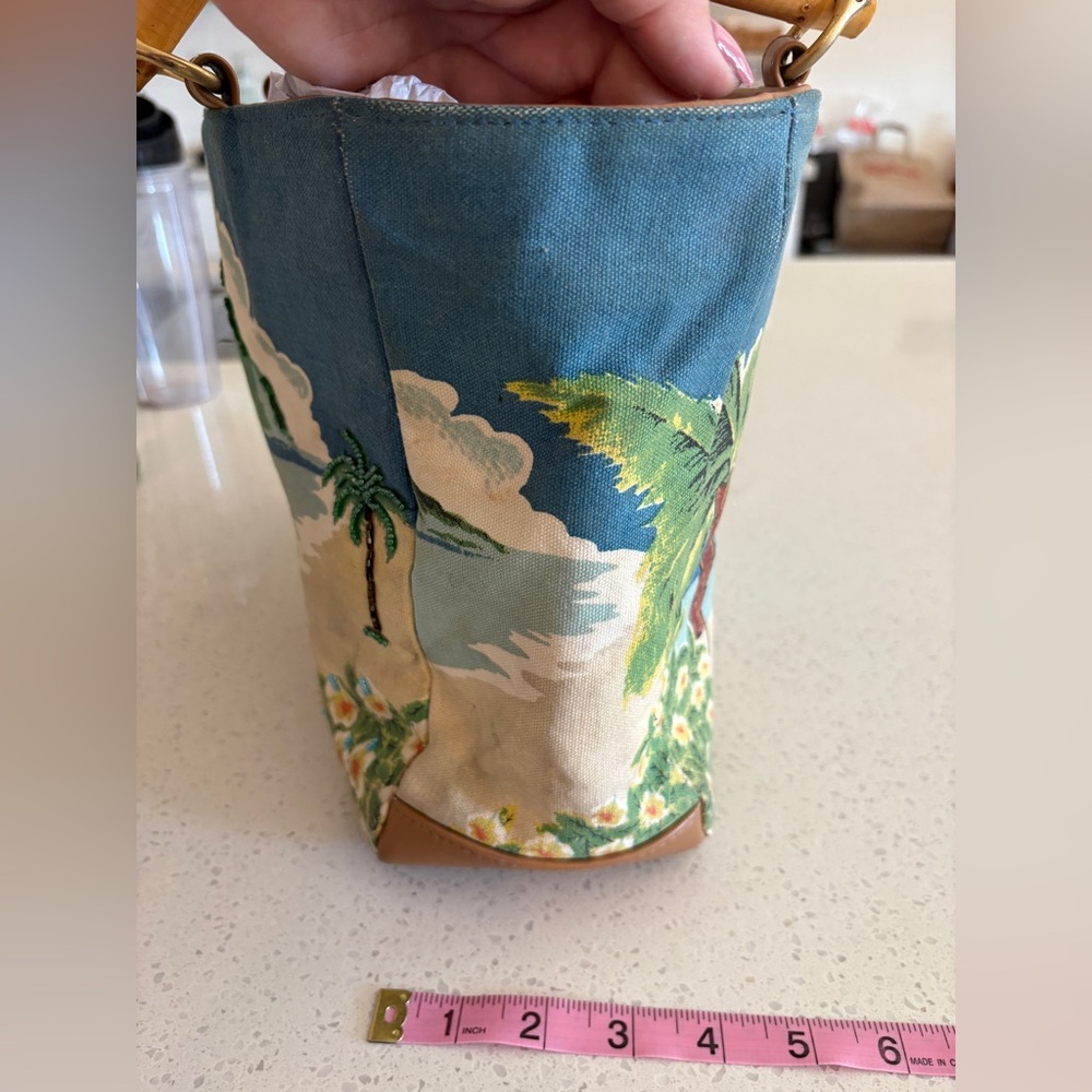 Tropical Print Canvas Tote with Bamboo Handles - Blue & Yellow - Picture 4 of 9